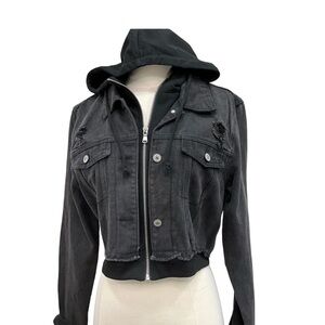 Love Tree Black Cropped Denim Jacket Hoodie Zip Front Distressed XS